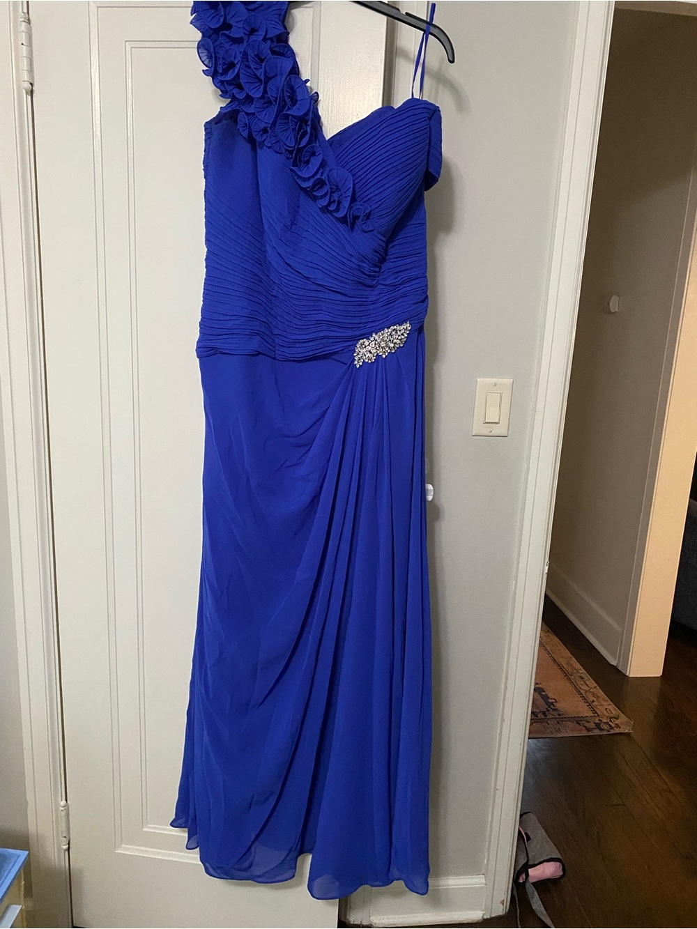 Jovani Cobalt Blue Floral Shoulder Evening Gown
